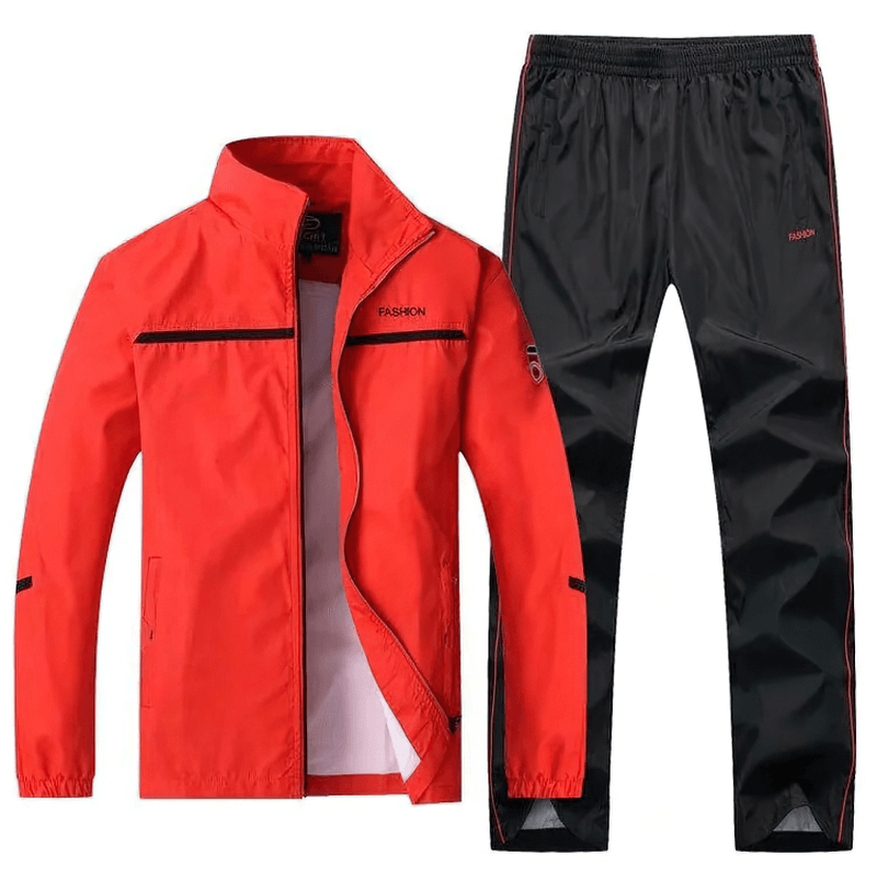 Athletic red zip jacket and black elastic waist pants, stylish polyester sports tracksuit for men's outdoor activities.